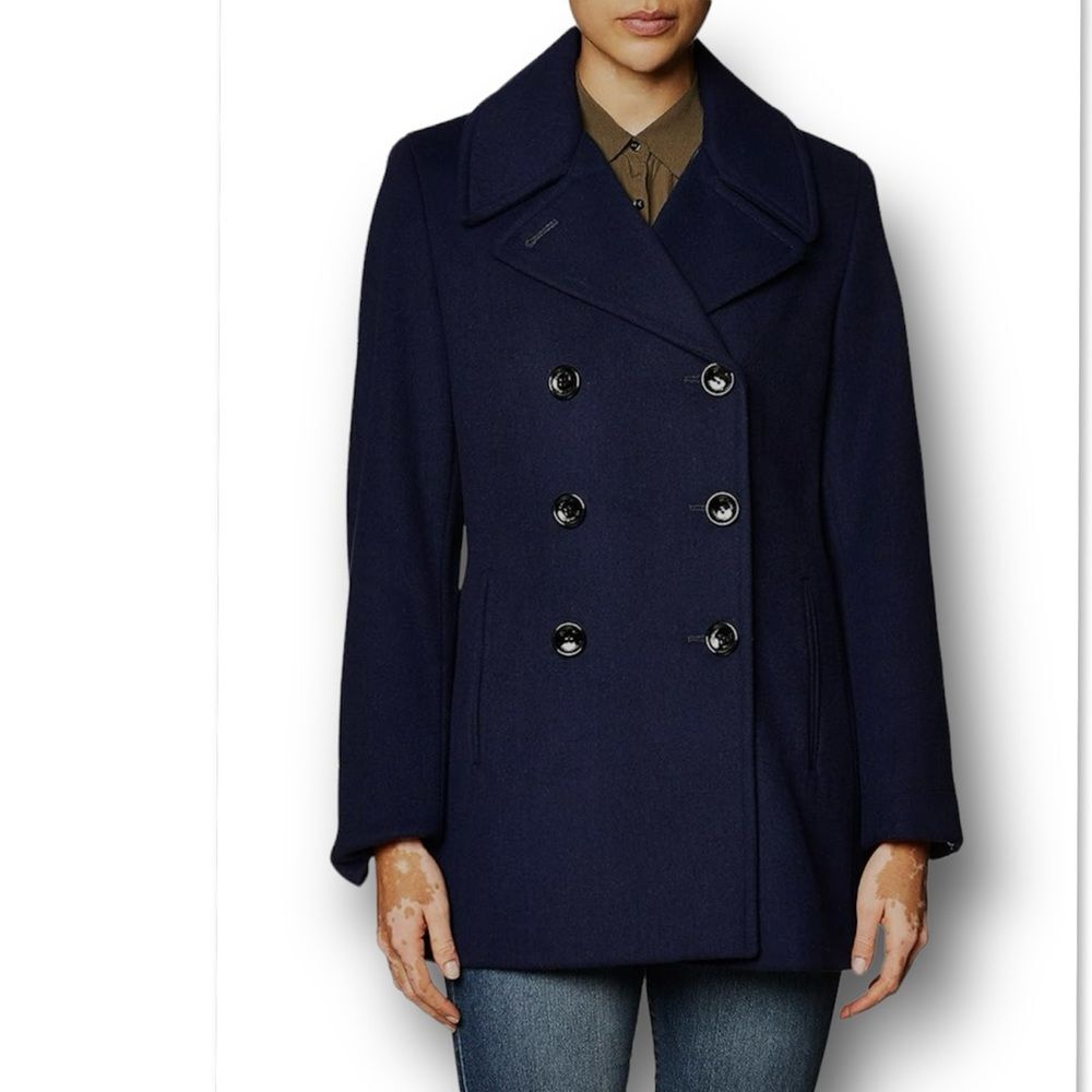 Calvin Klein NWOT Double Breasted Wool Blend Pea Coat Jacket In Deep Black Sz 10